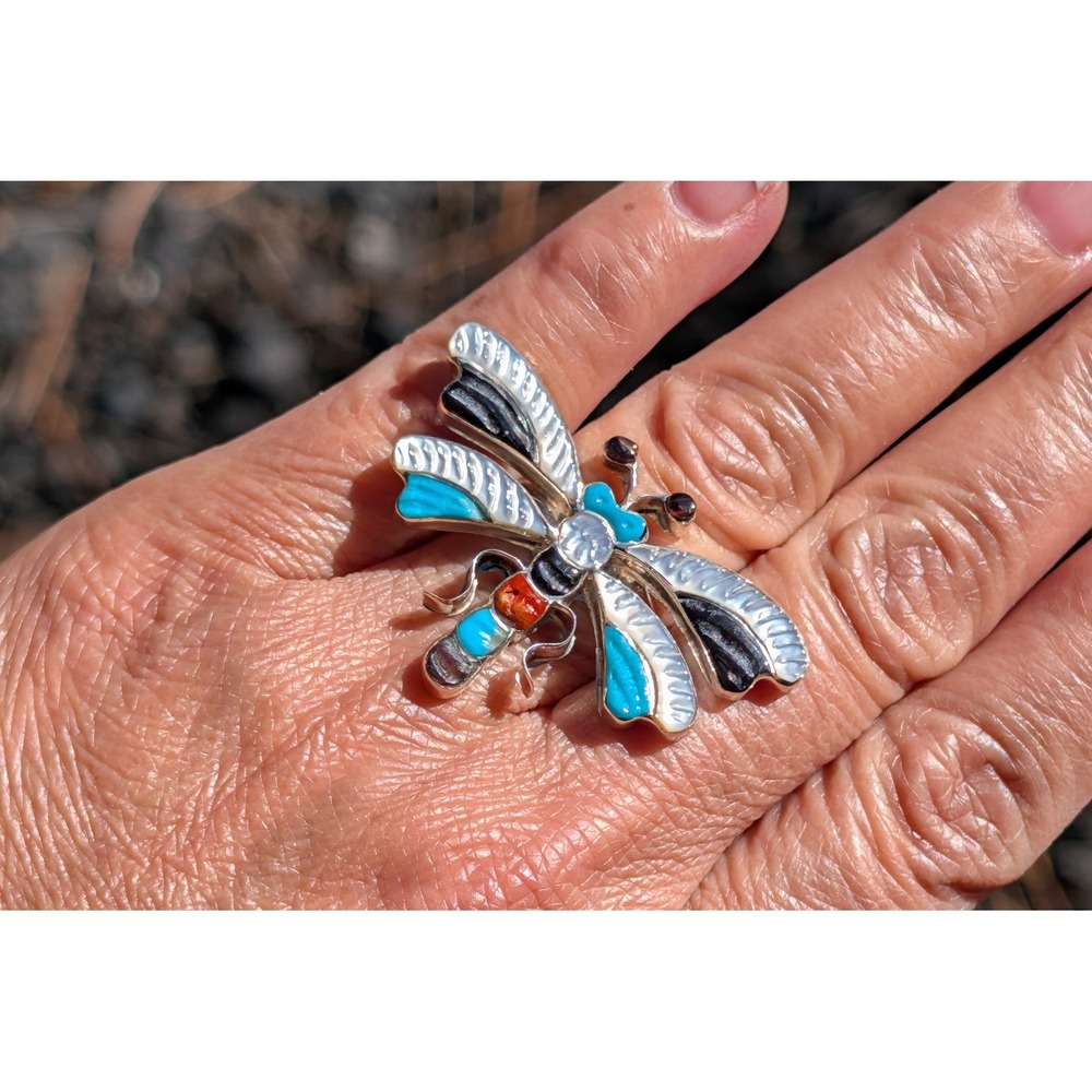 Zuni‎ Inlay Ring Multi-Stone Insect Sterling Silver Sz 6.25 Signed Pinto